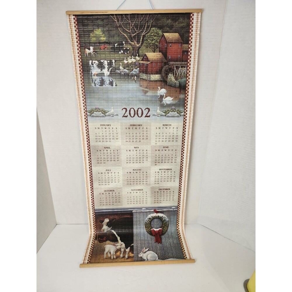 2002/2003 Bamboo Scroll Calendar Farm Themed 30" Long 12.25" Wide